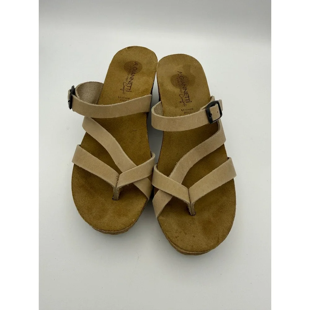 A Giannetti Modern Italy Comfort Tan Leather Cork Wedge Sandals Womens 7 7.5